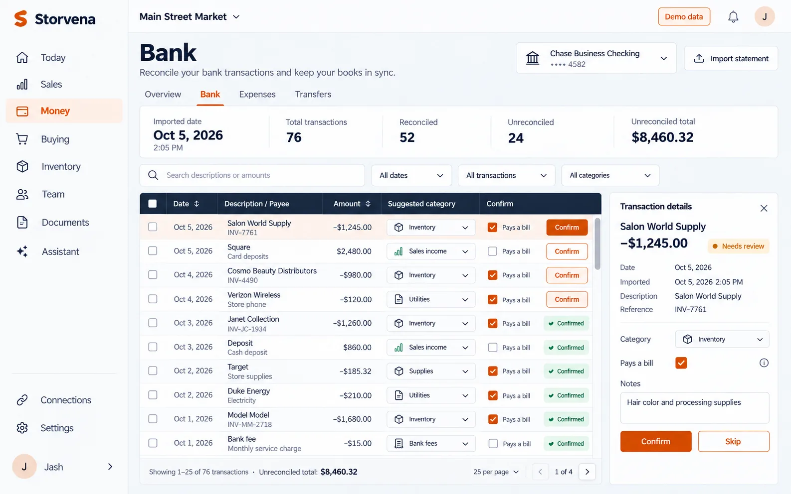 Storvena Bank: transactions sorted into categories and matched to bills