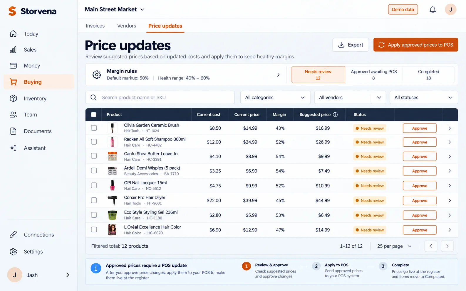 Storvena Price updates: items below their target margin with suggested shelf prices