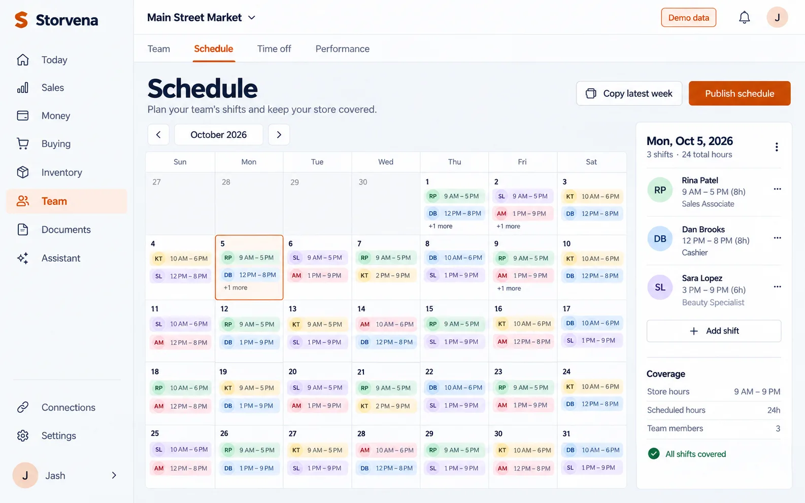 Storvena Schedule: a month of shifts with open shifts covered