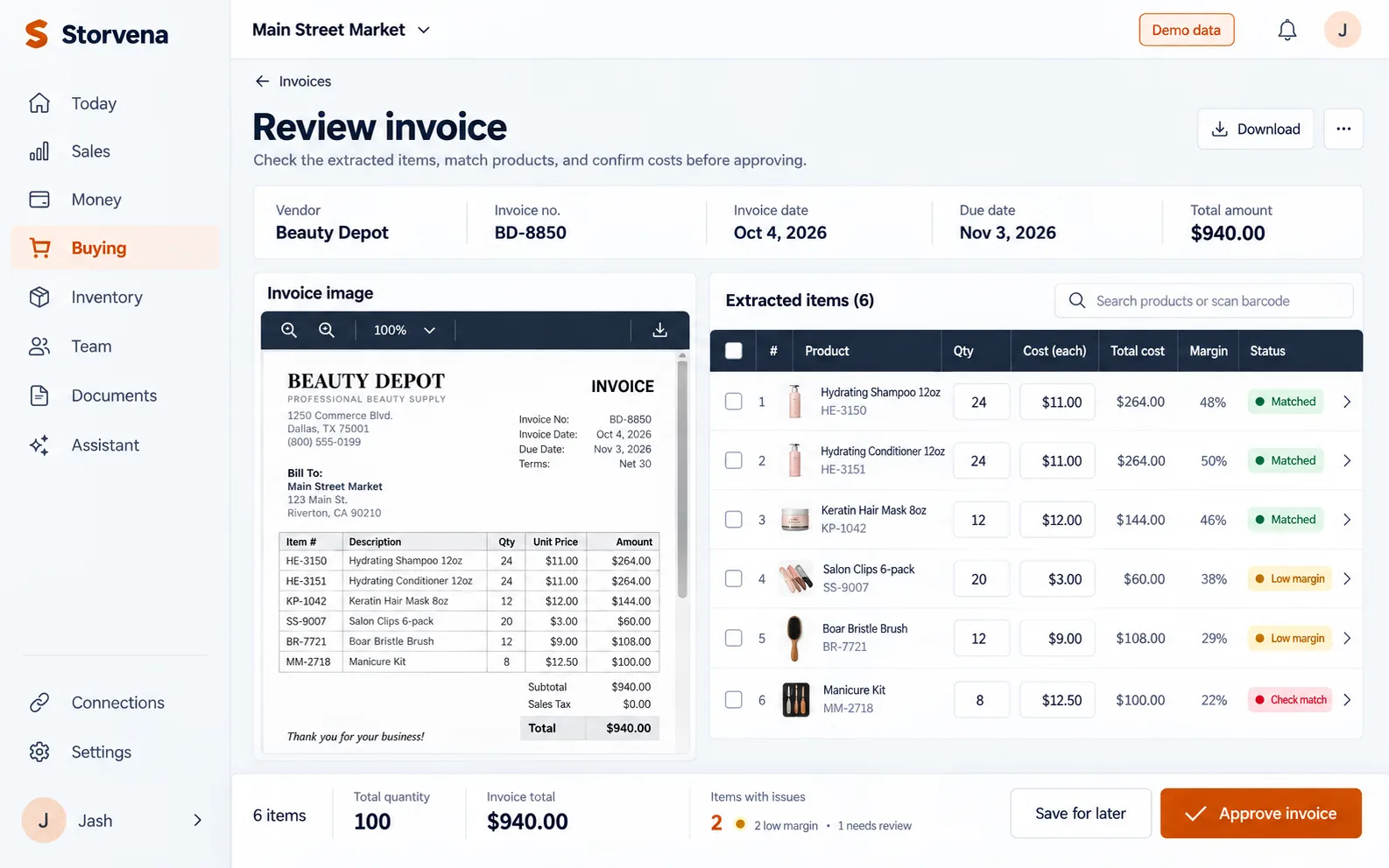 Storvena invoice review: each invoice line read, matched to a product and costed
