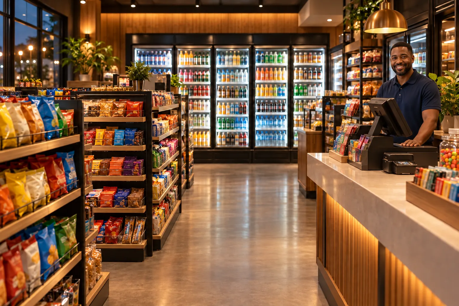A neighborhood convenience store, its owner smiling behind the counter